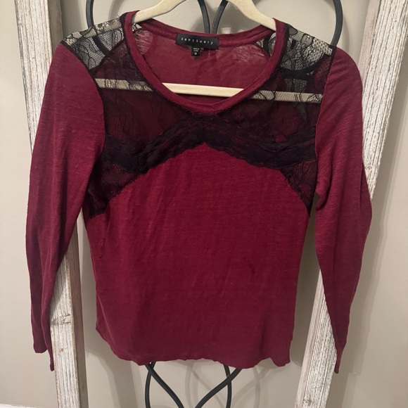 Sanctuary Tops - Sanctuary Burgundy Linen Lace Long Sleeve Boho Top Women’s Size M
